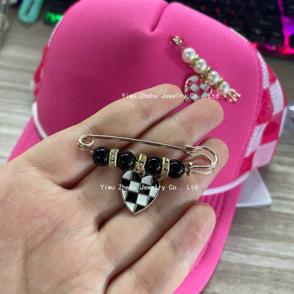 Zhehu DIY Hat Charm Accessory Checkered Heart Hat Pins Pearl Safety Pins Decorative Trucker Hat Baseball Cap Pin Set Decor