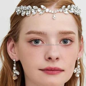 Elegant Crystal Bridal Forehead Jewelry Set with Rhinestone Teardrop Earrings and Hair Chain for Weddings