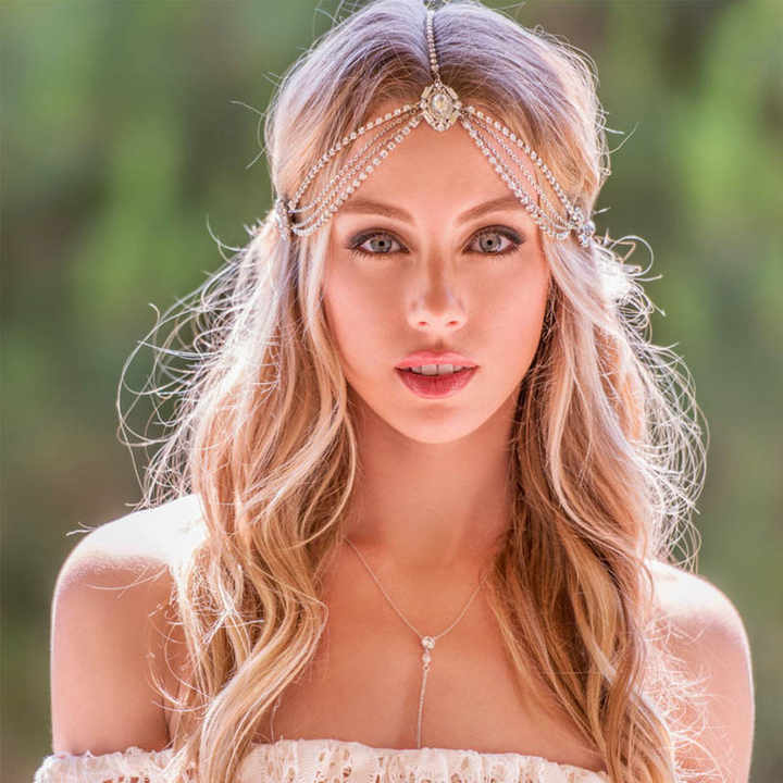 Fancy Day Bohemian Rhinestone Bridal Headband Chain for Women Wedding Crystal Forehead Hair Accessories