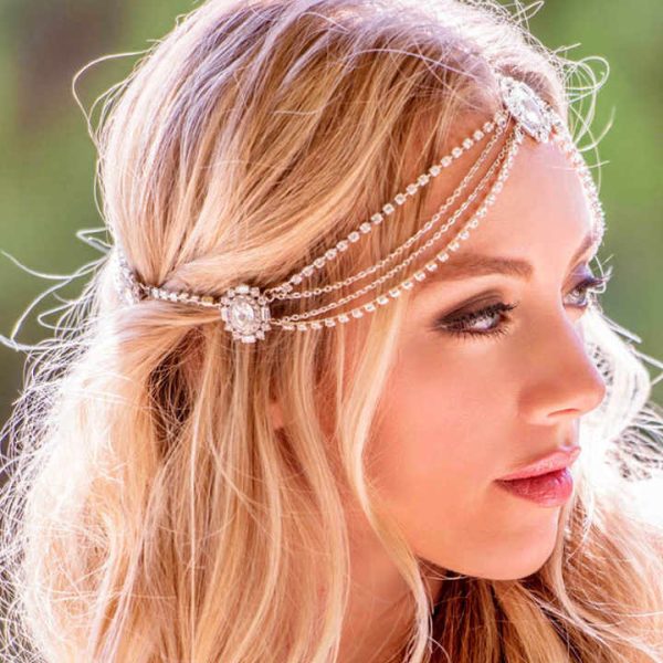 Fancy Day Bohemian Rhinestone Bridal Headband Chain for Women Wedding Crystal Forehead Hair Accessories