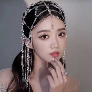 Handmade Ethnic Tassel Forehead Jewelry with Rhinestone Crystal Beads for Women Long Hair Chain Accessories