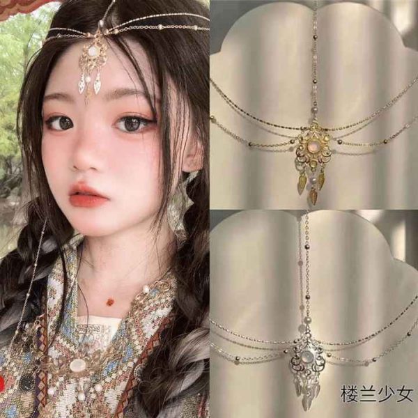 Antique Hanfu Alloy Forehead Chain Headwear for Women Exotic Loulan Princess Bride Style with Tassel Fashionable Wedding Jewelry