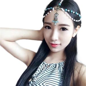 Bohemian Multilayer Green Imitation Pearl Tassel Forehead Chain Zinc Alloy Head Jewelry for Women