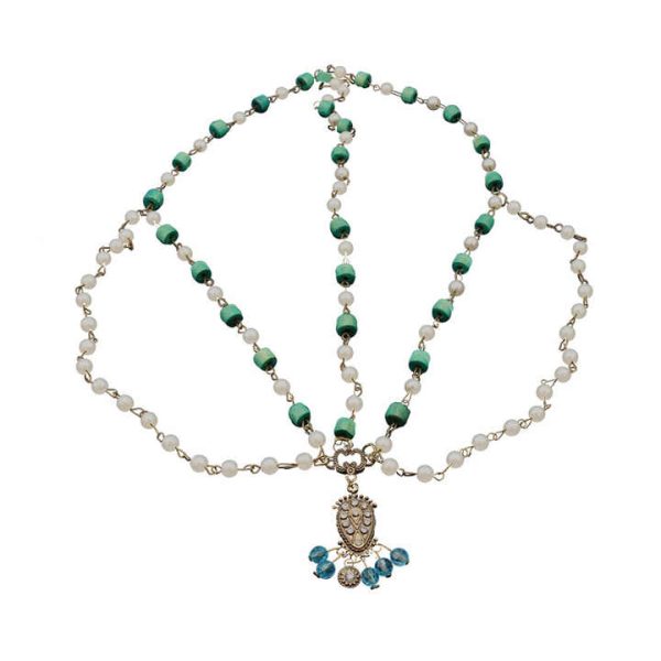 Fashion Delicate Bohemian Style Multilayer Green Bead Tassel Head Forehead Pendant Chain for Women's Headwear