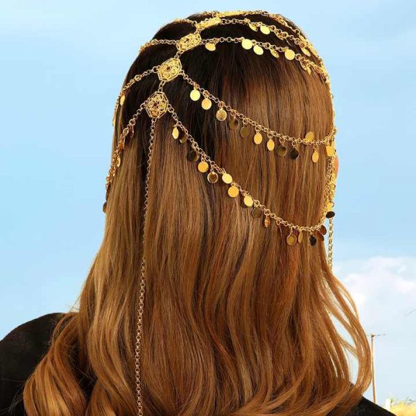 Nice Plating Gold Multi-layered Gold Coin Sequin Hair Forehead Chain for Arab Women's Wedding Party Head Jewelry