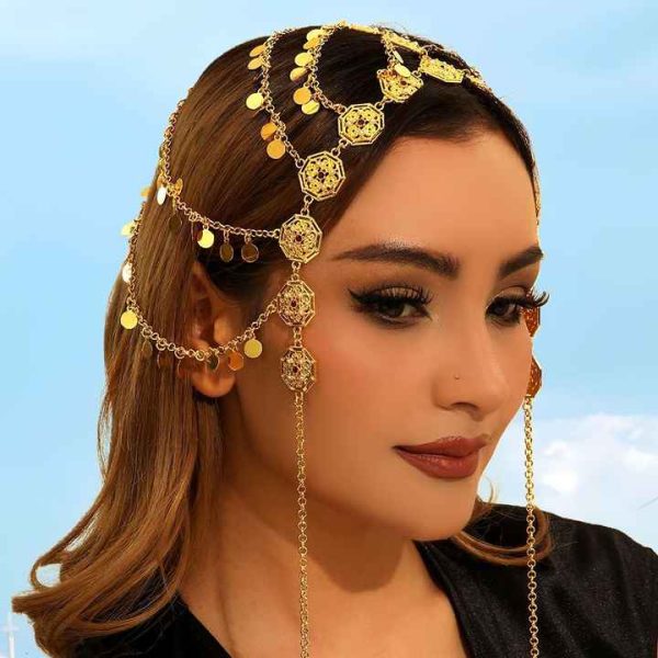 Nice Plating Gold Multi-layered Gold Coin Sequin Hair Forehead Chain for Arab Women's Wedding Party Head Jewelry