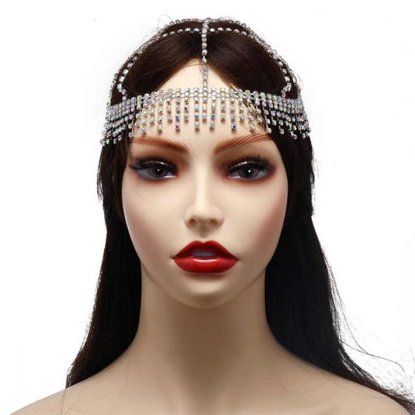 Luxury Rhinestone Forehead Headpiece Tassel Bridal Head Chain for Women Handmade Crystal Hair Pieces Headwear