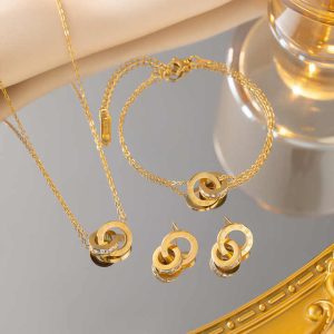Waterproof 18k Gold Plated Diamond Roman Numeral Bracelet Necklace Earrings Stainless Steel Fine Fashion Jewelry Sets Women