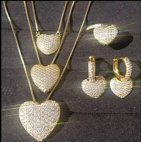 Jewelry Set Wholesale Bling Cz Diamond Rings Heart Pendant and Earrings Fashion Jewelry Sets