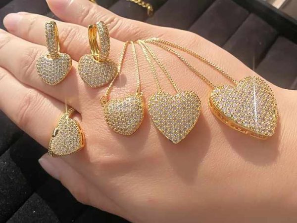 Jewelry Set Wholesale Bling Cz Diamond Rings Heart Pendant and Earrings Fashion Jewelry Sets