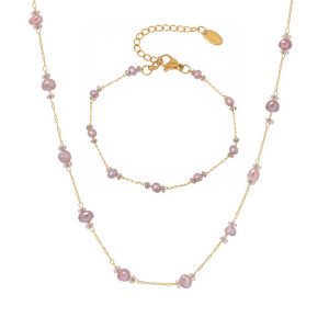 New Fashion Classic Fresh Water Pearl Stainless Steel Necklace Bracelet Set