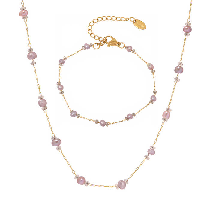 New Fashion Classic Fresh Water Pearl Stainless Steel Necklace Bracelet Set