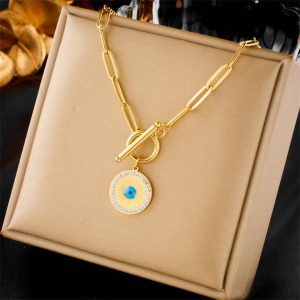 New Design Non Tarnish Stainless Steel Fashion Big Blue Eye Bracelet Necklace Women Jewelry Set