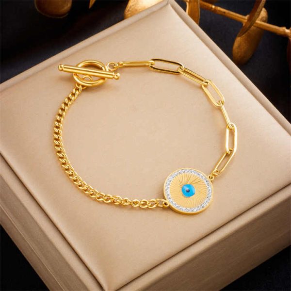New Design Non Tarnish Stainless Steel Fashion Big Blue Eye Bracelet Necklace Women Jewelry Set