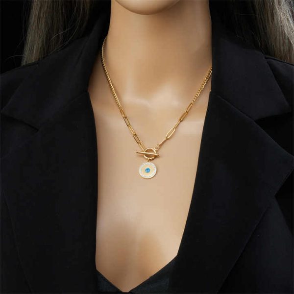 New Design Non Tarnish Stainless Steel Fashion Big Blue Eye Bracelet Necklace Women Jewelry Set