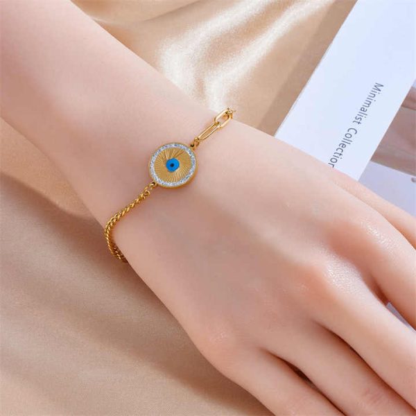 New Design Non Tarnish Stainless Steel Fashion Big Blue Eye Bracelet Necklace Women Jewelry Set