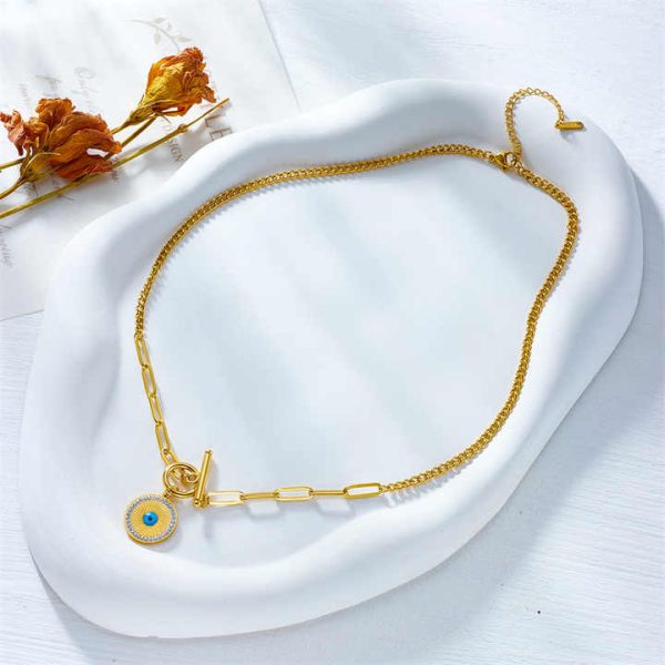 New Design Non Tarnish Stainless Steel Fashion Big Blue Eye Bracelet Necklace Women Jewelry Set