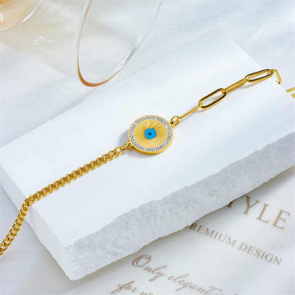 New Design Non Tarnish Stainless Steel Fashion Big Blue Eye Bracelet Necklace Women Jewelry Set