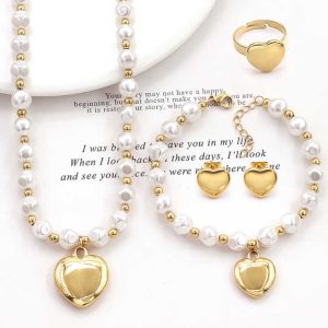 New Arrival Stainless Steel Imitation Pearl Beaded Jewelry Gold Steel Peach Heart Pendant Fashion Bracelet Necklace Set