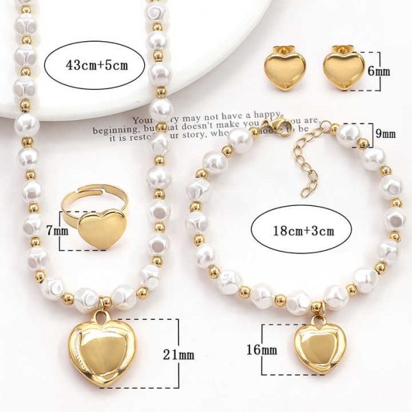 New Arrival Stainless Steel Imitation Pearl Beaded Jewelry Gold Steel Peach Heart Pendant Fashion Bracelet Necklace Set