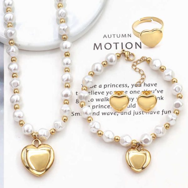 New Arrival Stainless Steel Imitation Pearl Beaded Jewelry Gold Steel Peach Heart Pendant Fashion Bracelet Necklace Set