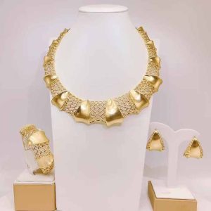 Luxury Brass Hollow Out Jewelry Set for Women - Necklace Earrings Ring Bracelet - Festival Wedding Party Gift