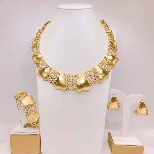 Luxury Brass Hollow Out Jewelry Set for Women - Necklace Earrings Ring Bracelet - Festival Wedding Party Gift