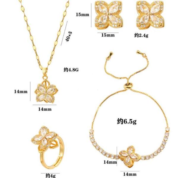Hot Selling Four Leaf Flower Set with Zircon Pendant Earrings and Rings Fashionable Jewelry Set