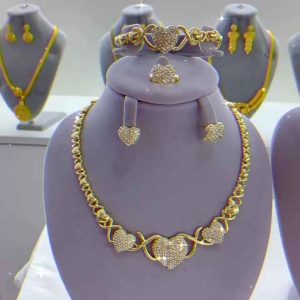 Elegant Gold Tone Heart Cubic Zirconia 4-Piece Jewelry Set for Women Necklace Bracelet Earrings Ring