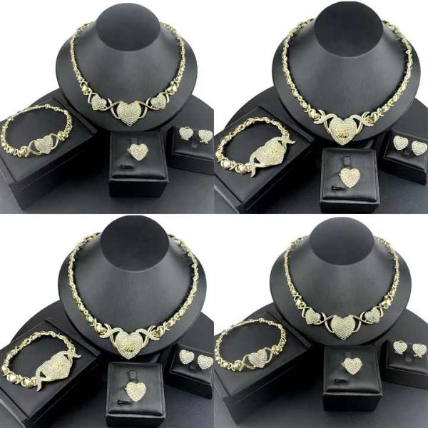Luxurious Gold Tone Heart Shaped Cubic Zirconia Jewelry Set Trendy Necklace Bracelet Earrings and Ring Set