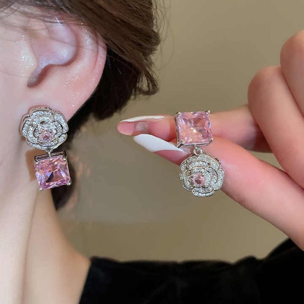 Elegant Fashion Jewelry Set Pink Women Square Zircon Flower Shaped Earrings Necklace and Bracelet Set