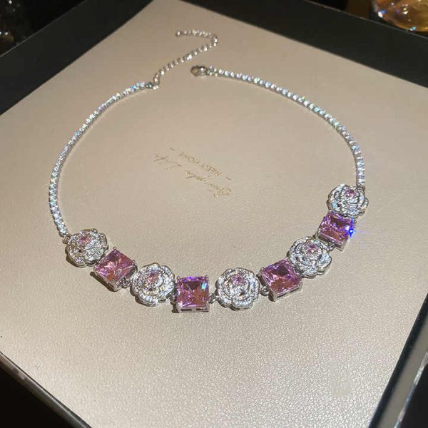 Elegant Fashion Jewelry Set Pink Women Square Zircon Flower Shaped Earrings Necklace and Bracelet Set