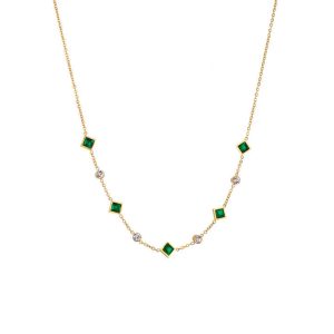 2023 New 2Pcs Set Non Tarnish 18k Gold Plated Stainless Steel Emerald Rhinestone Necklace Bracelet Jewelry Set Women