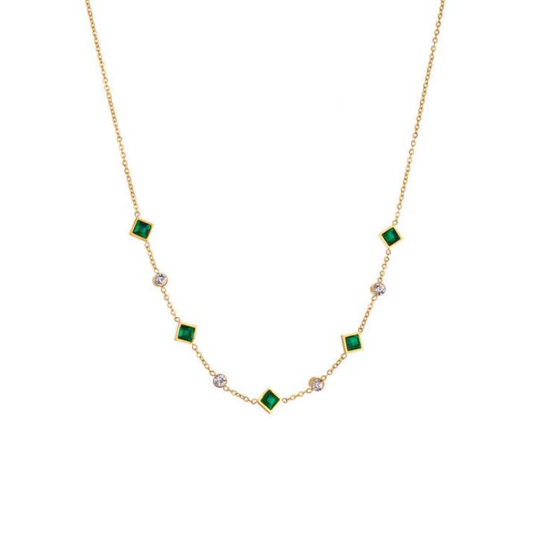2023 New 2Pcs Set Non Tarnish 18k Gold Plated Stainless Steel Emerald Rhinestone Necklace Bracelet Jewelry Set Women