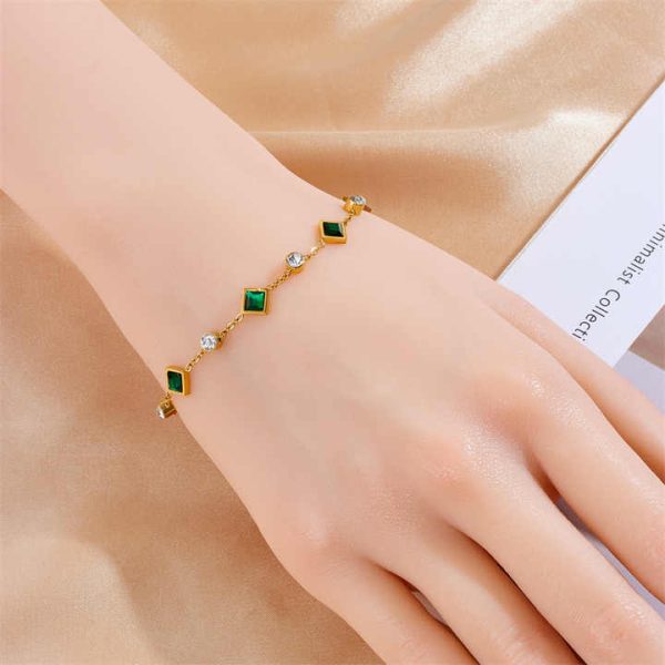2023 New 2Pcs Set Non Tarnish 18k Gold Plated Stainless Steel Emerald Rhinestone Necklace Bracelet Jewelry Set Women