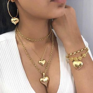 Trendy European and American Fashion Multi-Layer Heart Necklace Bracelet Earrings Set Gold Plated Fine Jewelry for Parties