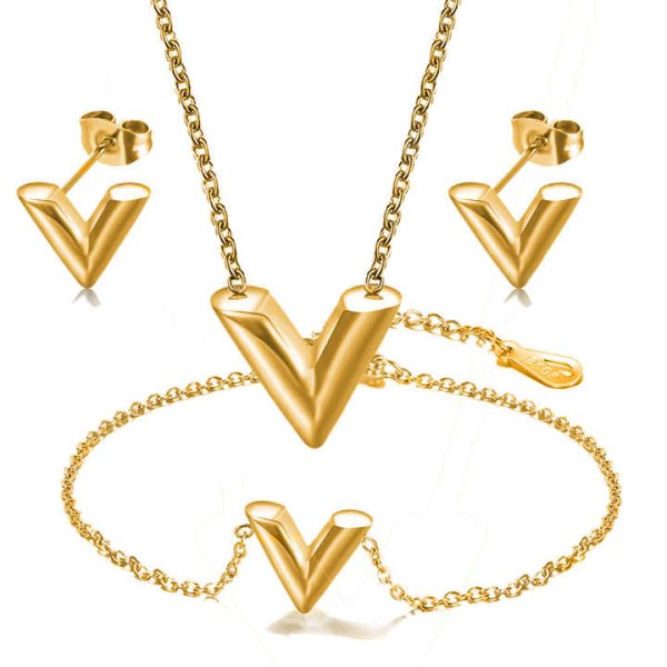 Zhongzhe Jewelry V Letter Pendant Necklace Fashion Waterproof Bracelet Earring Set Stainless Steel Luxury Jewelry for Women