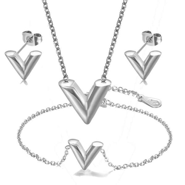 Zhongzhe Jewelry V Letter Pendant Necklace Fashion Waterproof Bracelet Earring Set Stainless Steel Luxury Jewelry for Women