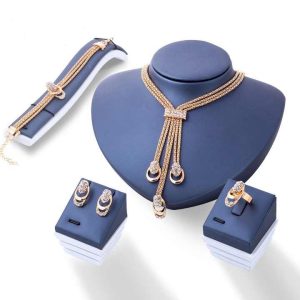 4 Pcs/Set Fashionable Gold Plated Crystal Jewelry Set Diamonds Geometric Necklace Earrings Ring for Women Party Gift