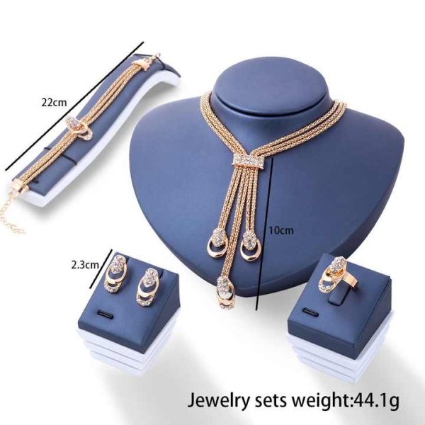 4 Pcs/Set Fashionable Gold Plated Crystal Jewelry Set Diamonds Geometric Necklace Earrings Ring for Women Party Gift