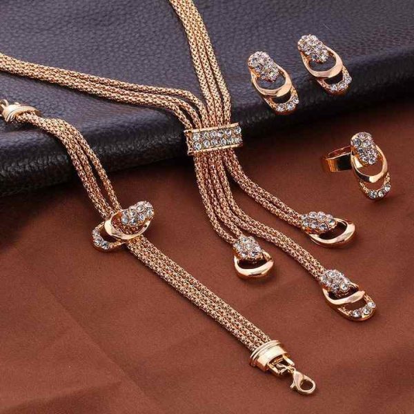 4 Pcs/Set Fashionable Gold Plated Crystal Jewelry Set Diamonds Geometric Necklace Earrings Ring for Women Party Gift