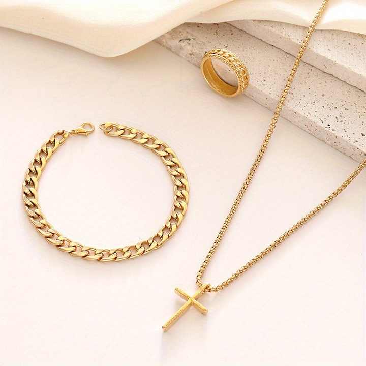 Factory Wholesale Fashion Accessories Gold Silver Black Necklace Bracelet Ring Set Jewelry Sets for Men