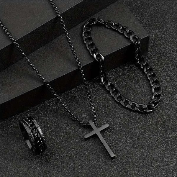 Factory Wholesale Fashion Accessories Gold Silver Black Necklace Bracelet Ring Set Jewelry Sets for Men