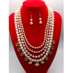 Wholesale Factory Creative Avatar Coin Tassel Necklace and Earring Set Fashion Pearl Jewelry for Weddings Parties Engagements