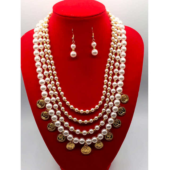 Wholesale Factory Creative Avatar Coin Tassel Necklace and Earring Set Fashion Pearl Jewelry for Weddings Parties Engagements