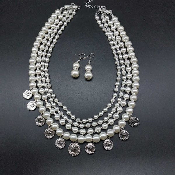 Wholesale Factory Creative Avatar Coin Tassel Necklace and Earring Set Fashion Pearl Jewelry for Weddings Parties Engagements