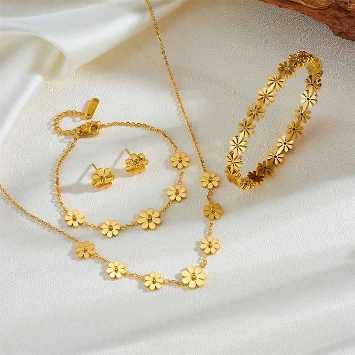 18k Gold Plated Stainless Steel Set Women 5 Pcs Flower Set Necklace Bangle Bracelet Earrings Anklet