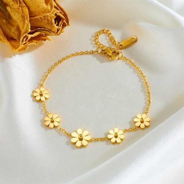 18k Gold Plated Stainless Steel Set Women 5 Pcs Flower Set Necklace Bangle Bracelet Earrings Anklet