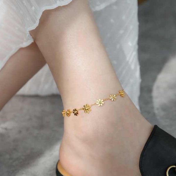 18k Gold Plated Stainless Steel Set Women 5 Pcs Flower Set Necklace Bangle Bracelet Earrings Anklet