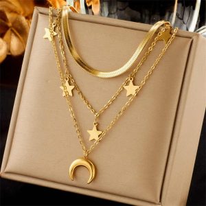 Trendy 18K Gold Plated Stainless Steel Butterfly Heart Moon Star Pendant Necklace for Women